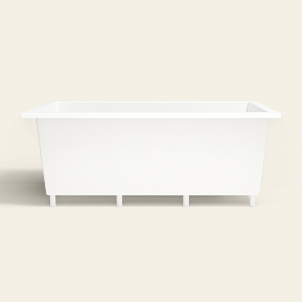Omnitub 1800×1050 white deep soaking bath — side profile, with feet [render:7_long_side:feet]
