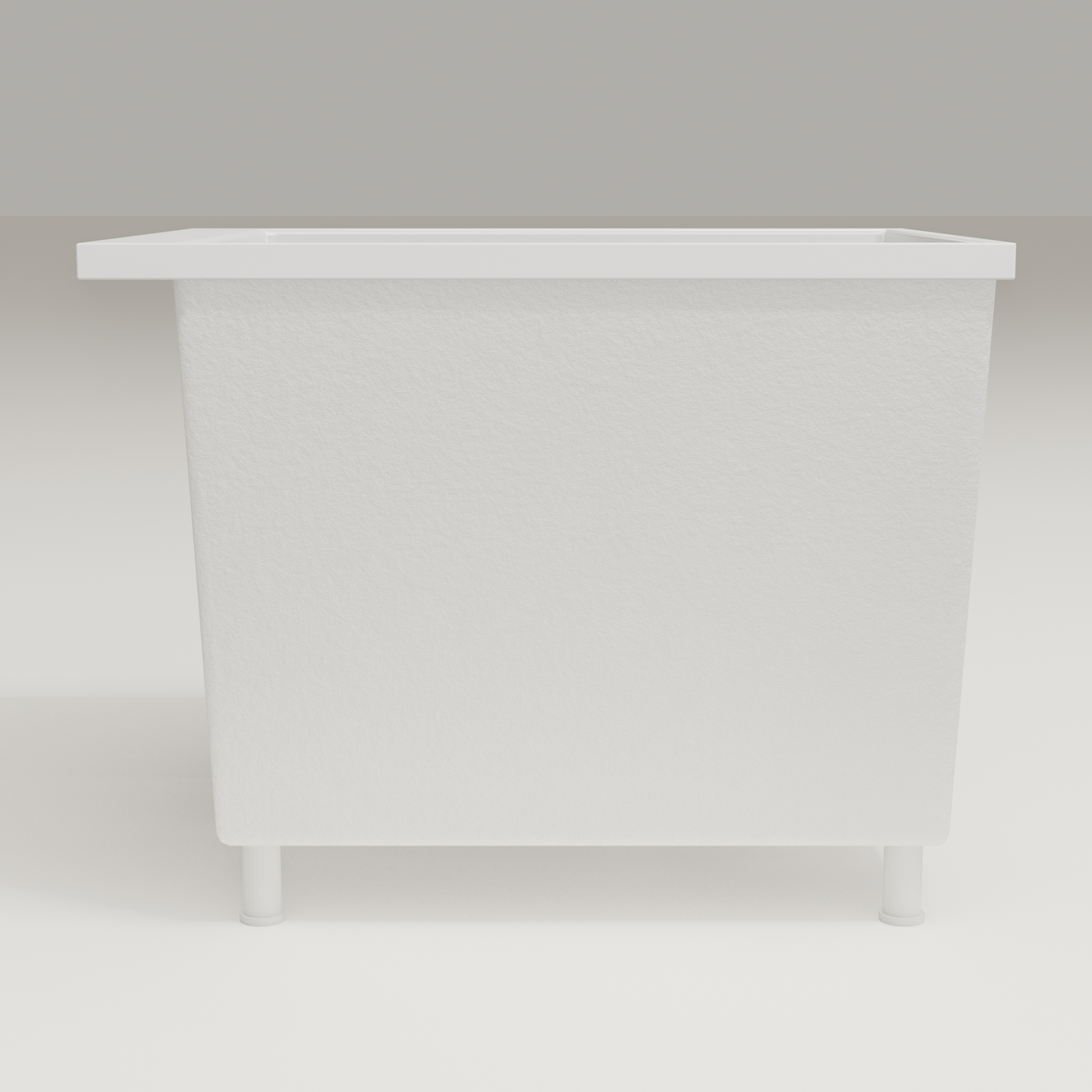 Omnitub Sheer 900 deep soaking tub in white — 900×700mm footprint, 600mm deep, side profile, shown on feet, handmade in Britain [render:7_long_side:feet]