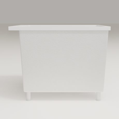 Omnitub Sheer 900 deep soaking tub in white — 900×700mm footprint, 600mm deep, side profile, shown on feet, handmade in Britain [render:7_long_side:feet]