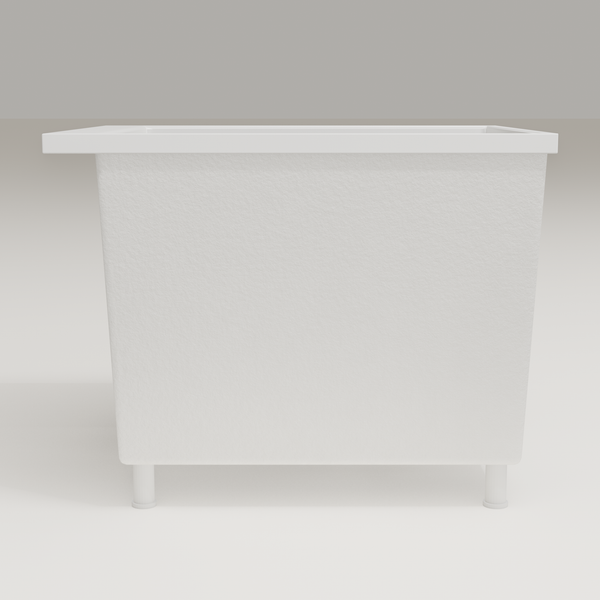 Omnitub Sheer 900 deep soaking tub in white — 900×700mm footprint, 600mm deep, side profile, shown on feet, handmade in Britain [render:7_long_side:feet]