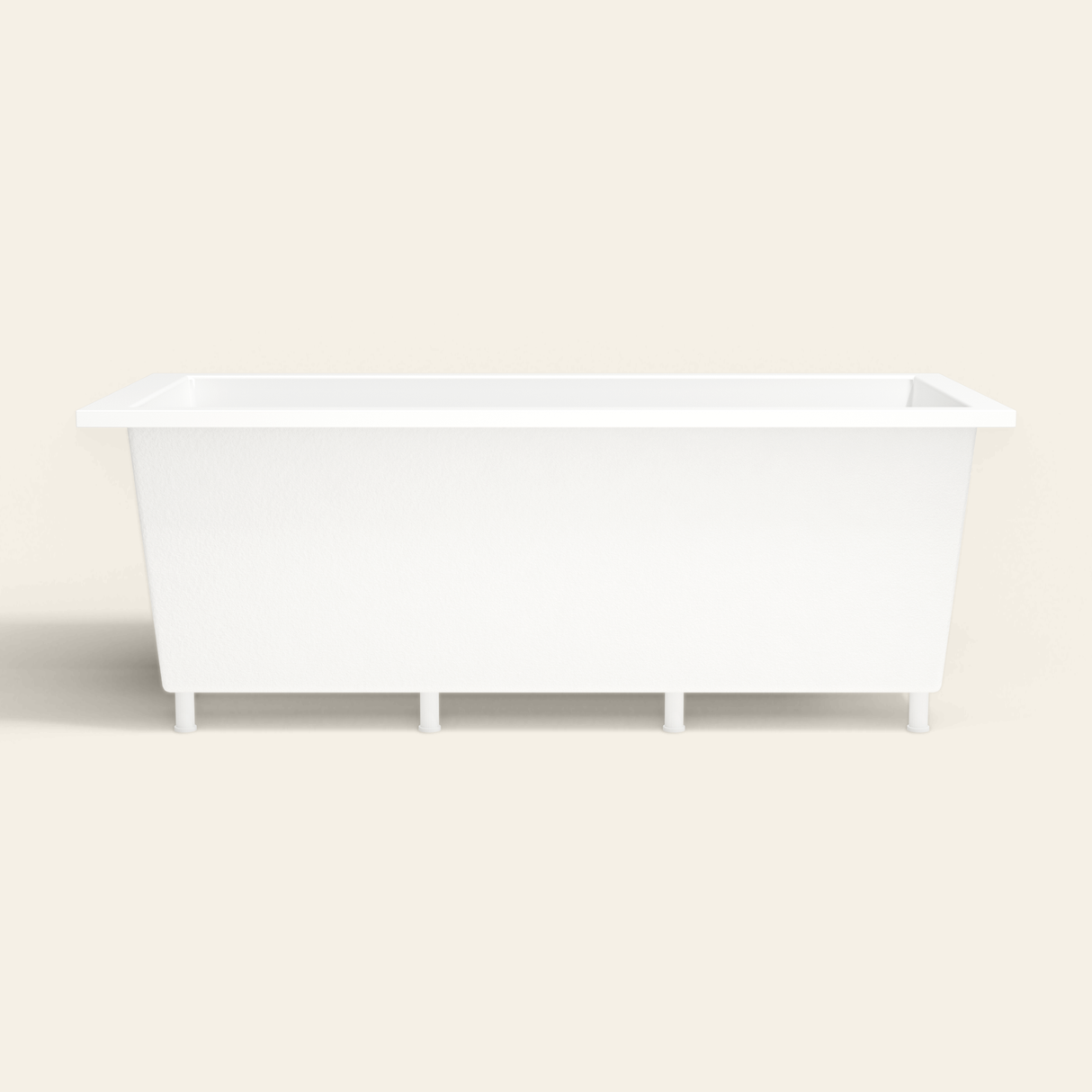 Omnitub 1900×900 white deep soaking bath — side profile, with feet [render:7_long_side:feet]