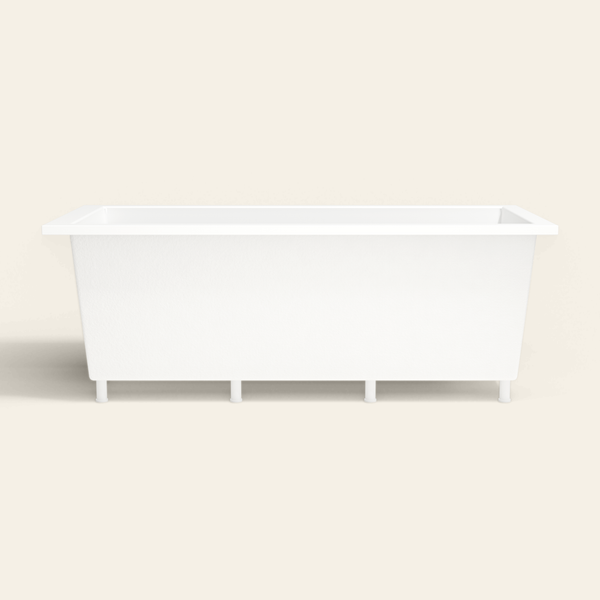 Omnitub 1900×900 white deep soaking bath — side profile, with feet [render:7_long_side:feet]