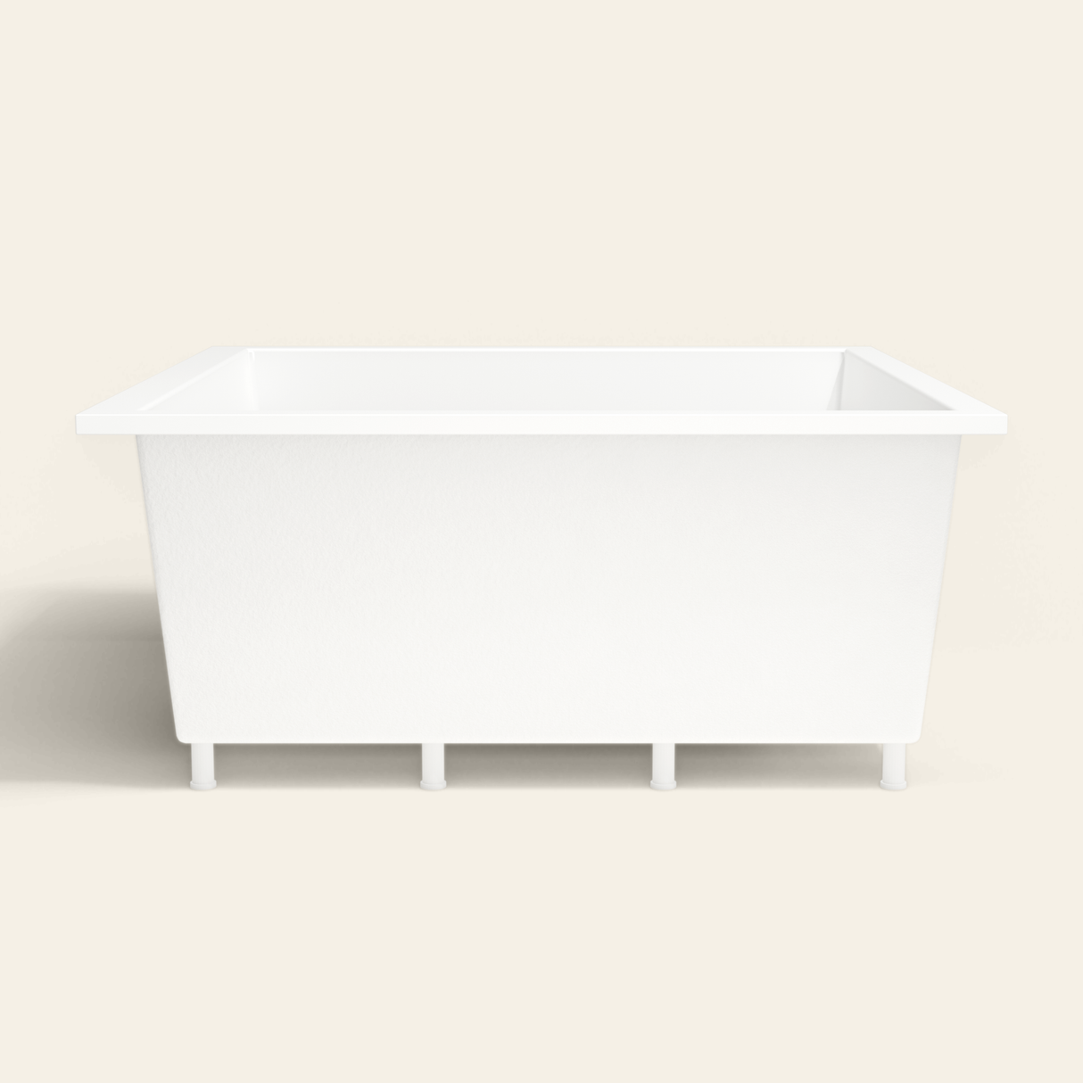 Omnitub 1600×1600 white deep soaking bath — side profile, with feet [render:7_long_side:feet]