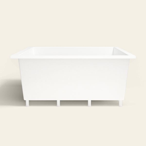Omnitub 1600×1600 white deep soaking bath — side profile, with feet [render:7_long_side:feet]