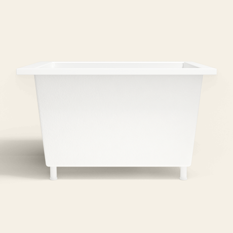 Omnitub 1150×900 white deep soaking bath — side profile, with feet [render:7_long_side:feet]