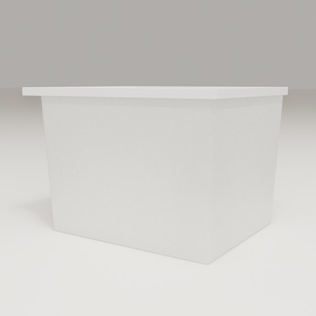 Omnitub Sheer 900 deep soaking tub in white — 900×700mm footprint, 600mm deep, low hero angle, handmade in Britain [render:8_low_hero:nofeet]