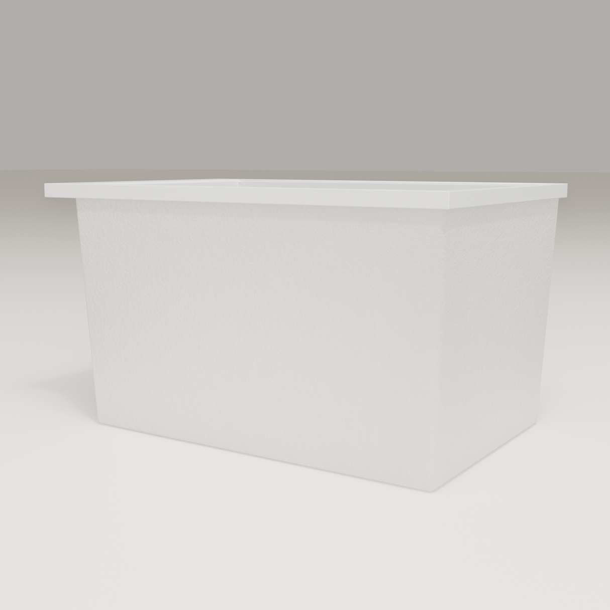 Omnitub Sheer 1100 deep soaking tub in white — 1100×700mm footprint, 600mm deep, low hero angle, handmade in Britain [render:8_low_hero:nofeet]