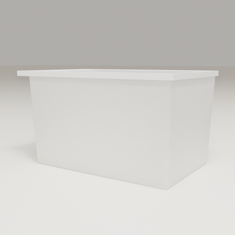 Omnitub Sheer 1100 deep soaking tub in white — 1100×700mm footprint, 600mm deep, low hero angle, handmade in Britain [render:8_low_hero:nofeet]