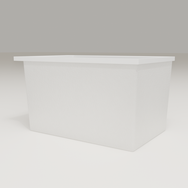Omnitub Sheer 1100 deep soaking tub in white — 1100×700mm footprint, 600mm deep, low hero angle, handmade in Britain [render:8_low_hero:nofeet]
