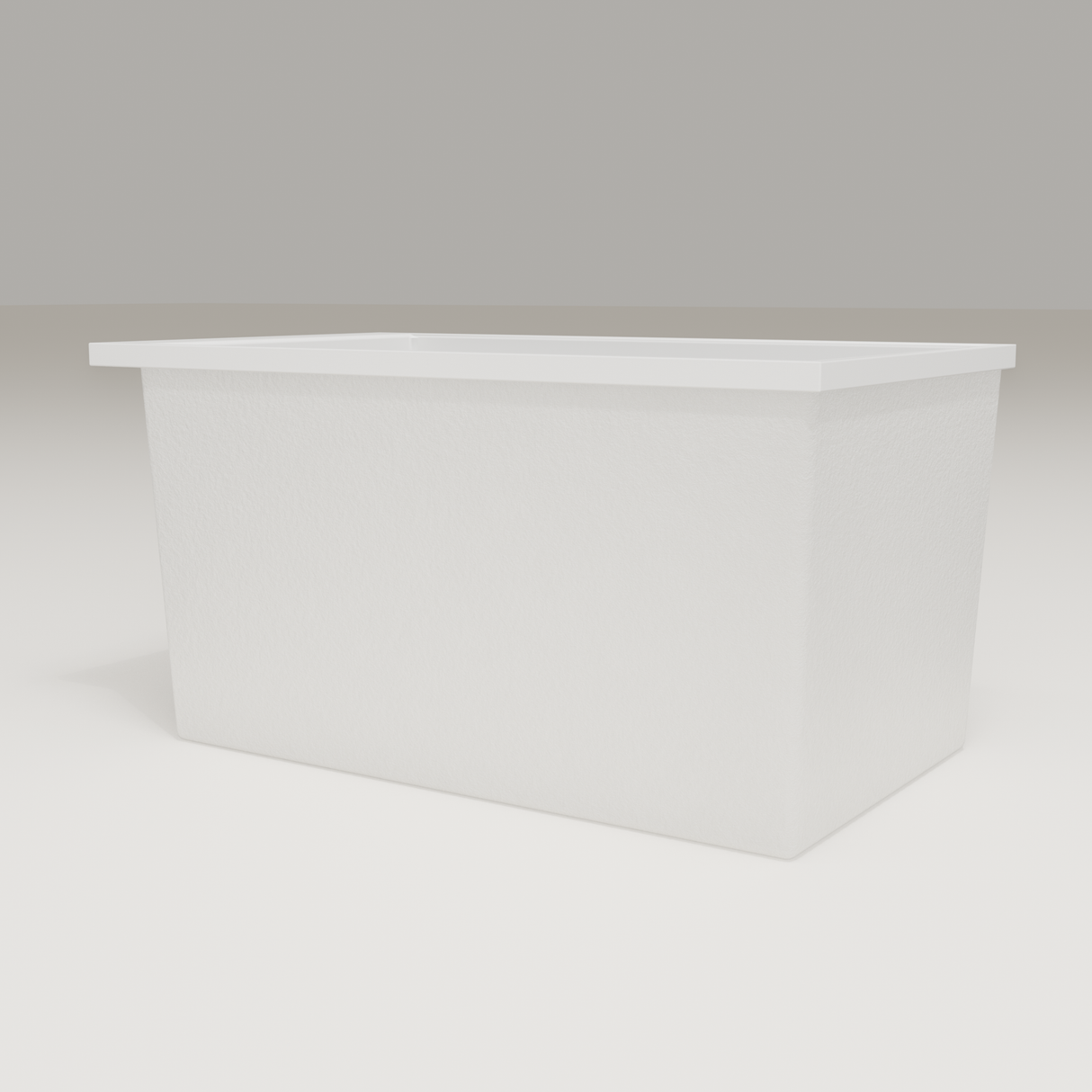 Omnitub Sheer 1200 deep soaking tub in white — 1200×700mm footprint, 600mm deep, low hero angle, handmade in Britain [render:8_low_hero:nofeet]