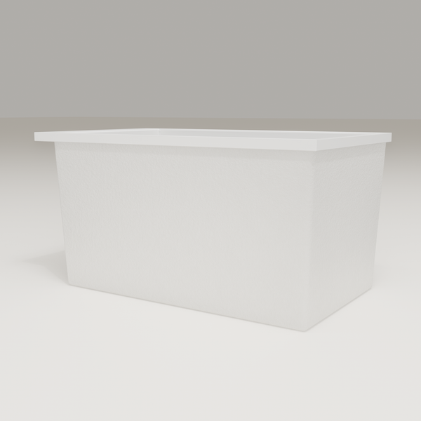 Omnitub Sheer 1200 deep soaking tub in white — 1200×700mm footprint, 600mm deep, low hero angle, handmade in Britain [render:8_low_hero:nofeet]