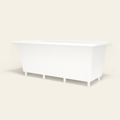 Omnitub 1700×750 white deep soaking bath — low hero, with feet [render:8_low_hero:feet]