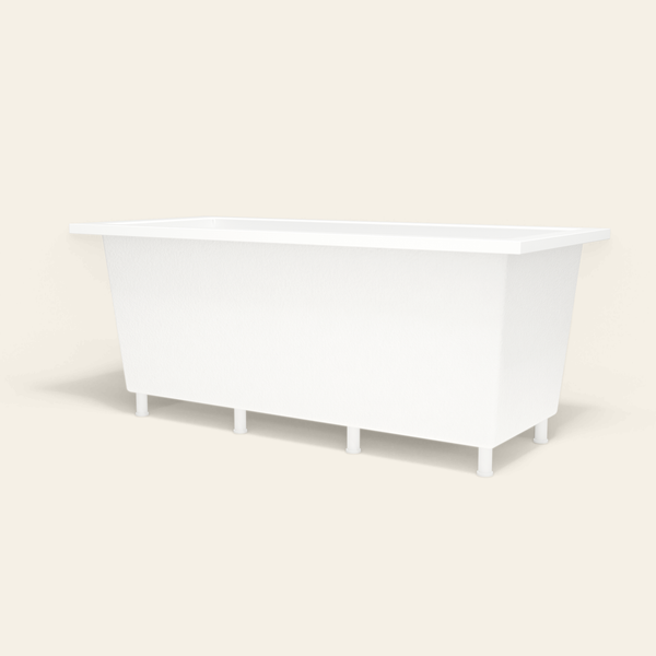 Omnitub 1700×750 white deep soaking bath — low hero, with feet [render:8_low_hero:feet]