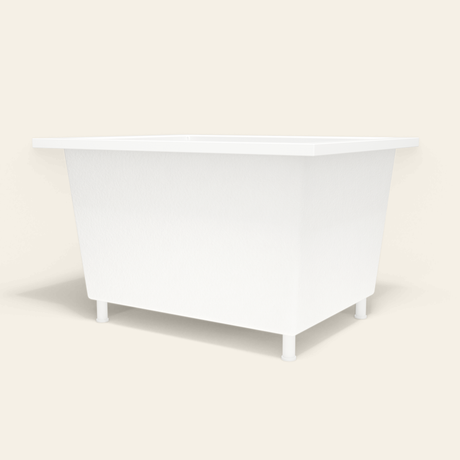 Omnitub 1150×900 white deep soaking bath — low hero, with feet [render:8_low_hero:feet]
