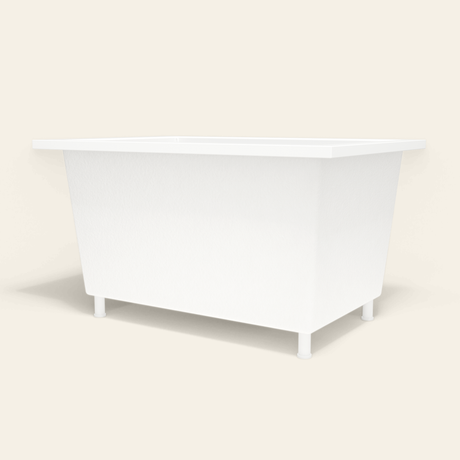 Omnitub 1250×850 white deep soaking bath — low hero, with feet [render:8_low_hero:feet]