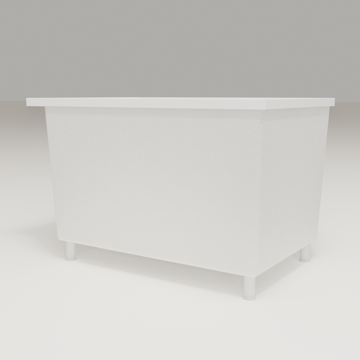 Omnitub Sheer 1100 deep soaking tub in white — 1100×700mm footprint, 600mm deep, low hero angle, shown on feet, handmade in Britain [render:8_low_hero:feet]