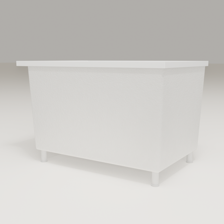 Omnitub Sheer 1100 deep soaking tub in white — 1100×700mm footprint, 600mm deep, low hero angle, shown on feet, handmade in Britain [render:8_low_hero:feet]