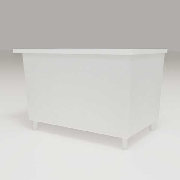 Omnitub Sheer 1100 deep soaking tub in white — 1100×700mm footprint, 600mm deep, low hero angle, shown on feet, handmade in Britain [render:8_low_hero:feet]