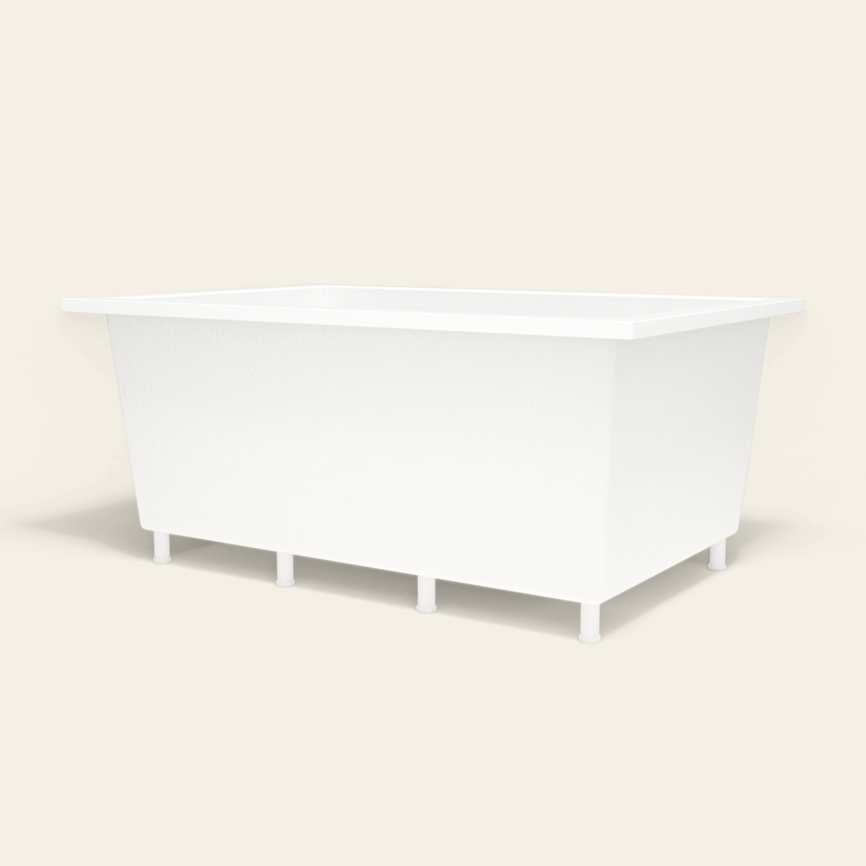 Omnitub 1600×1050 white deep soaking bath — low hero, with feet [render:8_low_hero:feet]