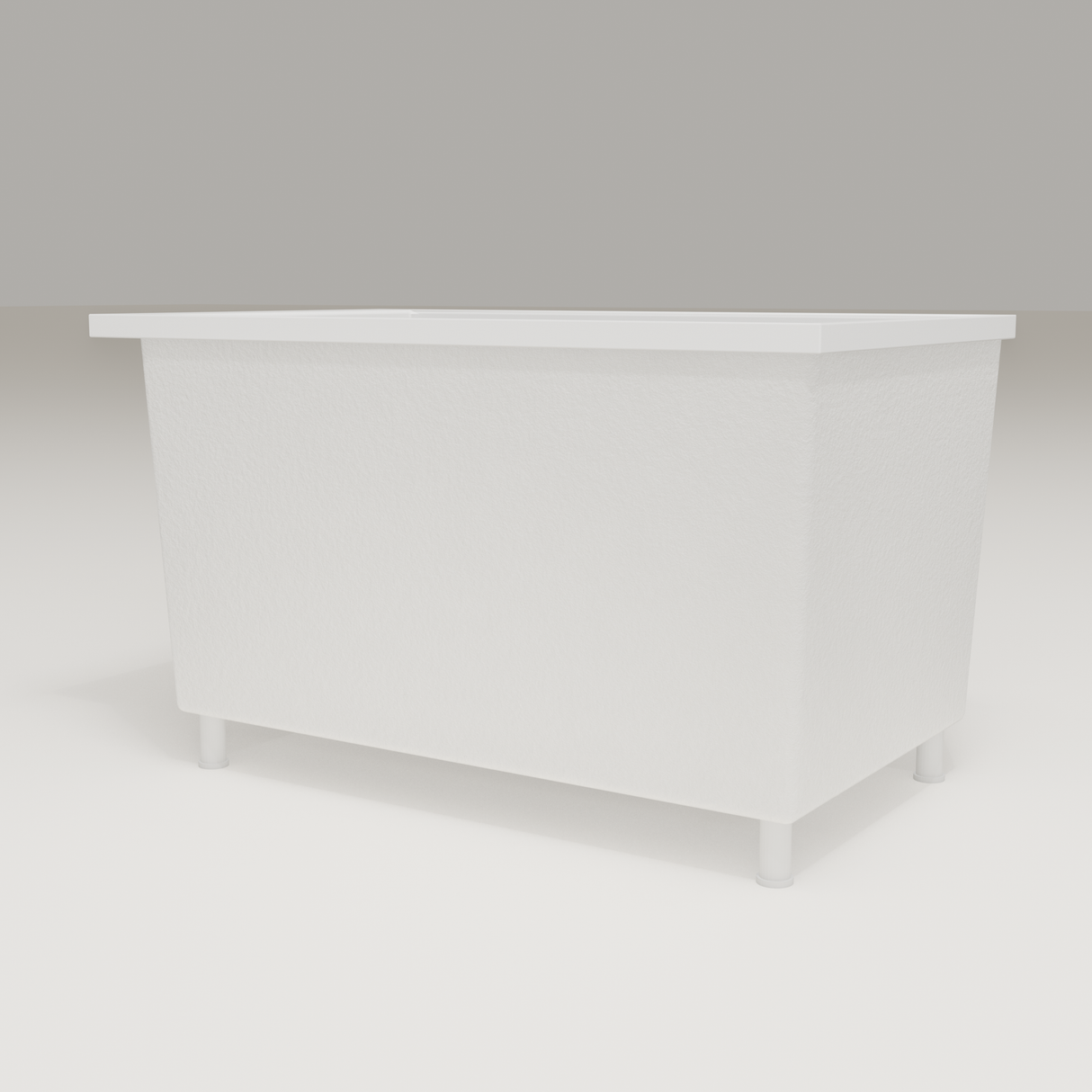 Omnitub Sheer 1200 deep soaking tub in white — 1200×700mm footprint, 600mm deep, low hero angle, shown on feet, handmade in Britain [render:8_low_hero:feet]