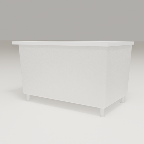 Omnitub Sheer 1200 deep soaking tub in white — 1200×700mm footprint, 600mm deep, low hero angle, shown on feet, handmade in Britain [render:8_low_hero:feet]