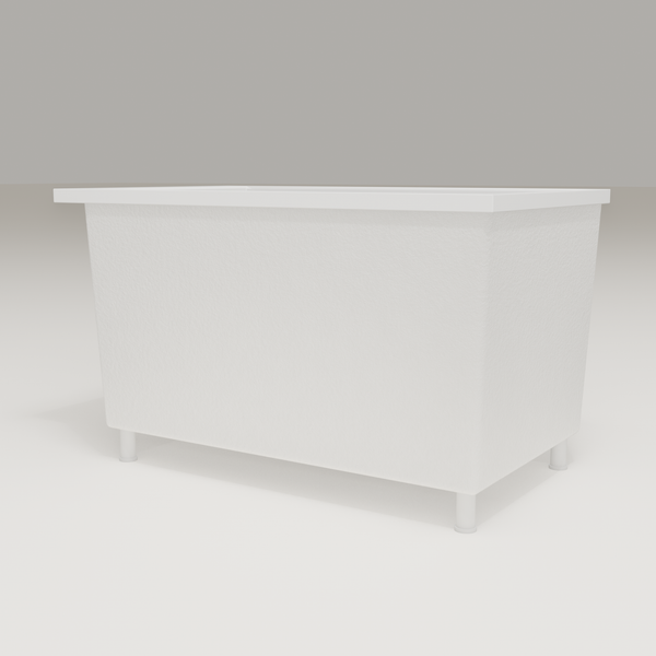 Omnitub Sheer 1200 deep soaking tub in white — 1200×700mm footprint, 600mm deep, low hero angle, shown on feet, handmade in Britain [render:8_low_hero:feet]