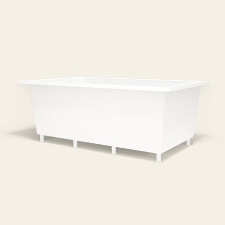 Omnitub 1800×1050 white deep soaking bath — low hero, with feet [render:8_low_hero:feet]