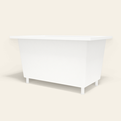Omnitub 1250×750 white deep soaking bath — low hero, with feet [render:8_low_hero:feet]
