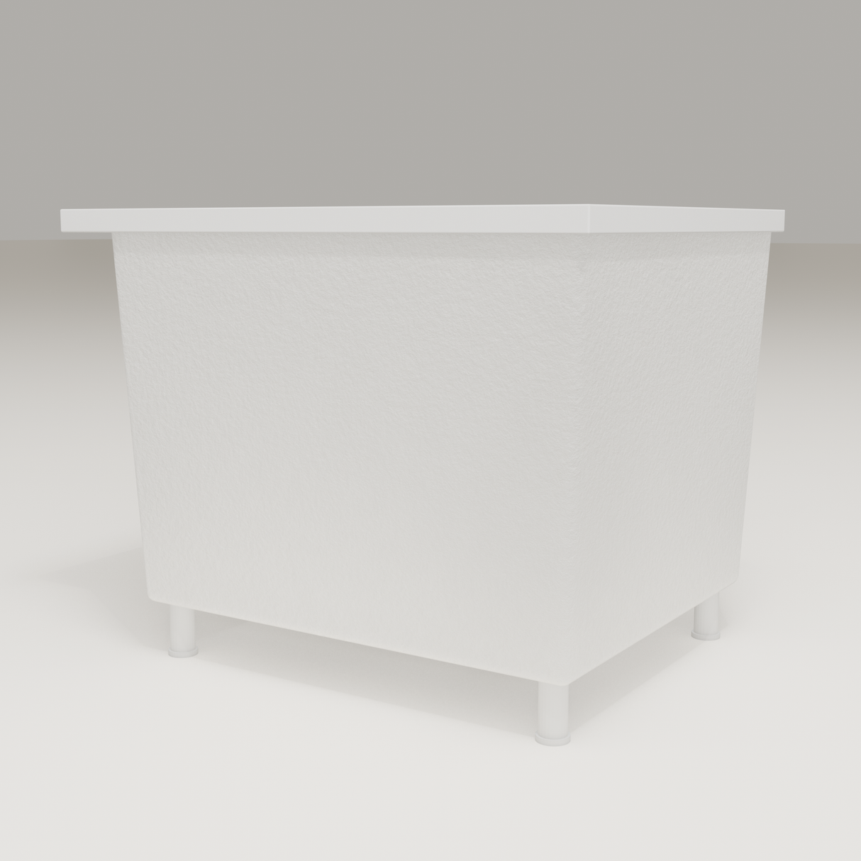 Omnitub Sheer 900 deep soaking tub in white — 900×700mm footprint, 600mm deep, low hero angle, shown on feet, handmade in Britain [render:8_low_hero:feet]