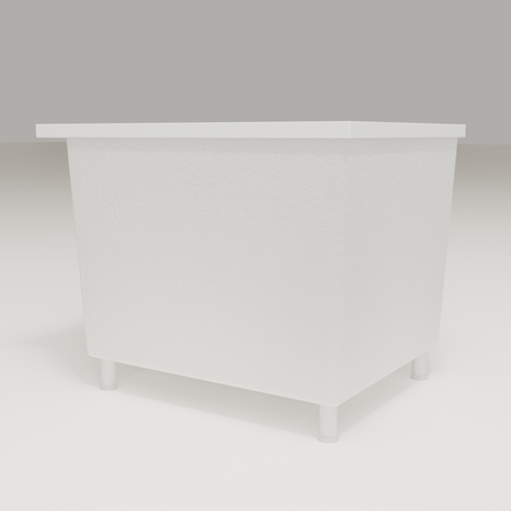 Omnitub Sheer 900 deep soaking tub in white — 900×700mm footprint, 600mm deep, low hero angle, shown on feet, handmade in Britain [render:8_low_hero:feet]