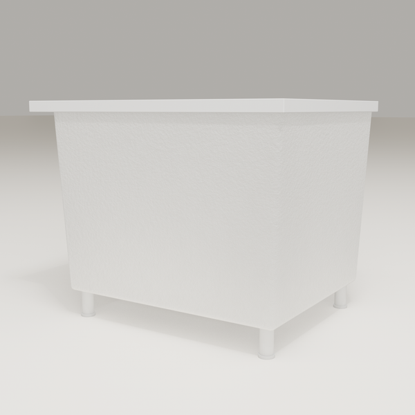 Omnitub Sheer 900 deep soaking tub in white — 900×700mm footprint, 600mm deep, low hero angle, shown on feet, handmade in Britain [render:8_low_hero:feet]