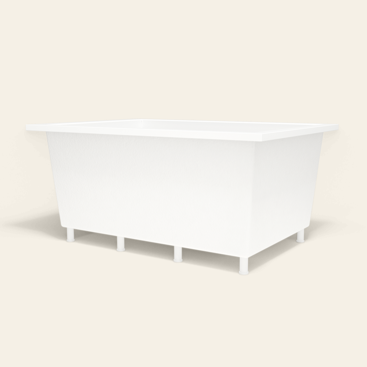 Omnitub 1500×1050 white deep soaking bath — low hero, with feet [render:8_low_hero:feet]