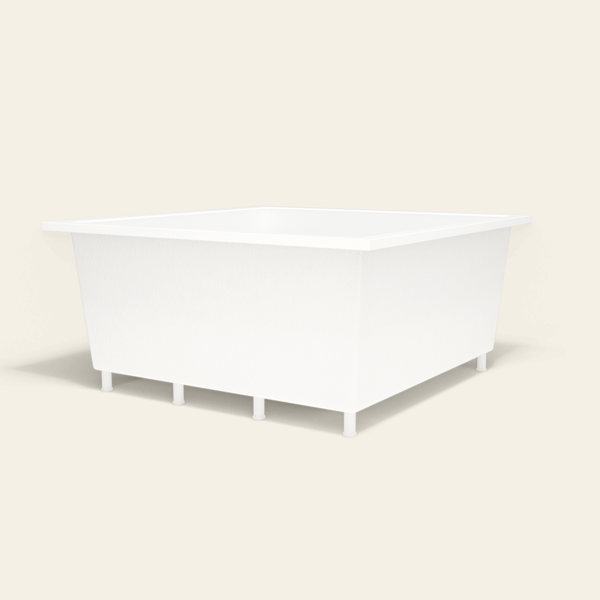 Omnitub 1500×1500 white deep soaking bath — low hero, with feet [render:8_low_hero:feet]
