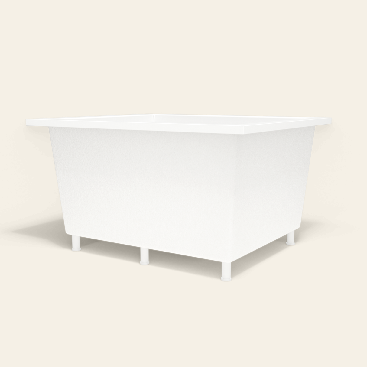 Omnitub 1250×1050 white deep soaking bath — low hero, with feet [render:8_low_hero:feet]