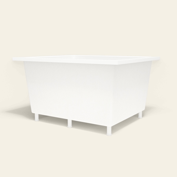Omnitub 1250×1050 white deep soaking bath — low hero, with feet [render:8_low_hero:feet]