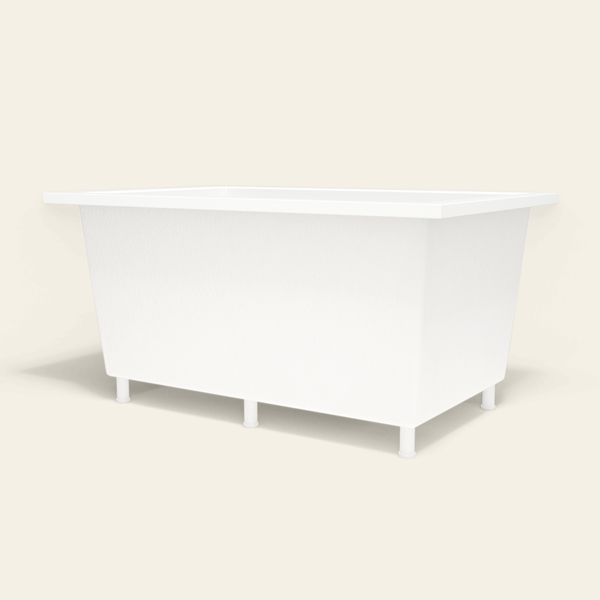 Omnitub 1400×900 white deep soaking bath — low hero, with feet [render:8_low_hero:feet]