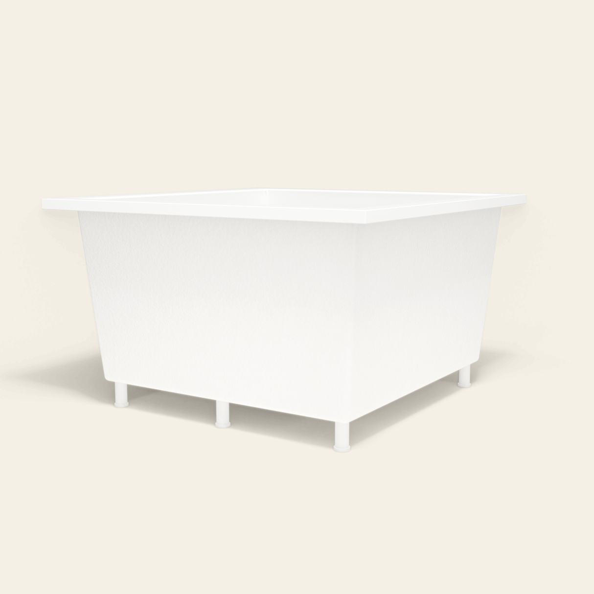 Omnitub 1200×1200 white deep soaking bath — low hero, with feet [render:8_low_hero:feet]