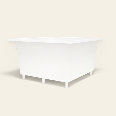 Omnitub 1200×1200 white deep soaking bath — low hero, with feet [render:8_low_hero:feet]