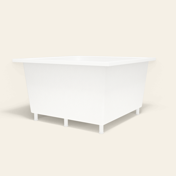 Omnitub 1200×1200 white deep soaking bath — low hero, with feet [render:8_low_hero:feet]