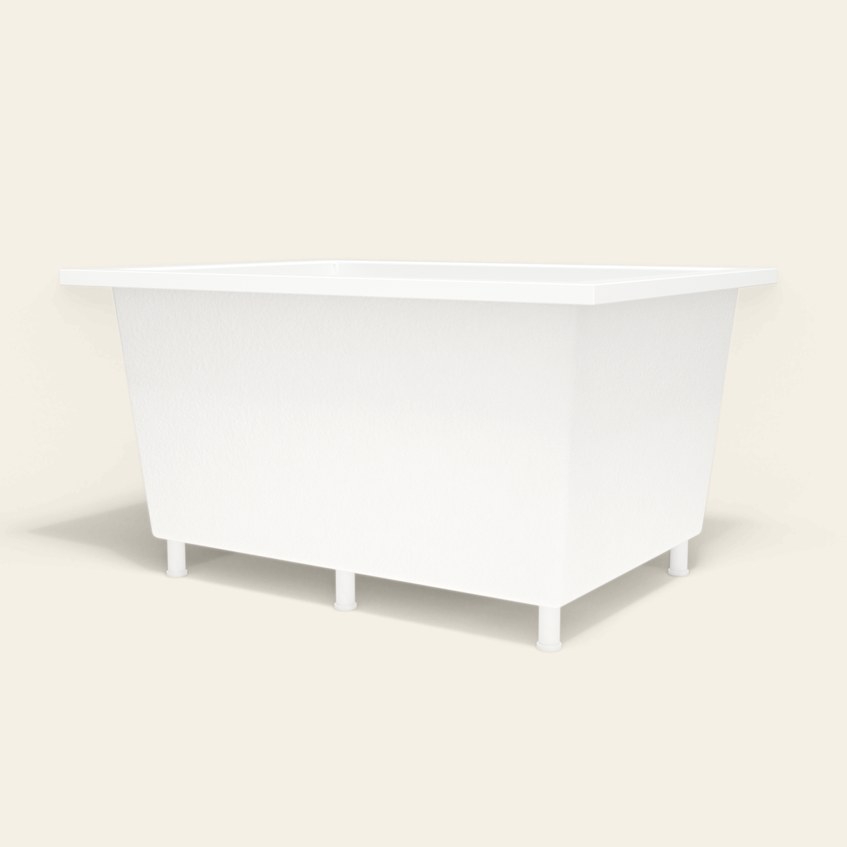 Omnitub 1300×950 white deep soaking bath — low hero, with feet [render:8_low_hero:feet]