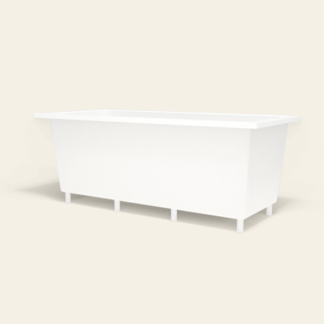 Omnitub 1800×800 white deep soaking bath — low hero, with feet [render:8_low_hero:feet]