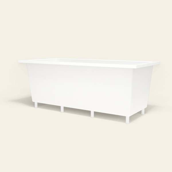Omnitub 1800×800 white deep soaking bath — low hero, with feet [render:8_low_hero:feet]