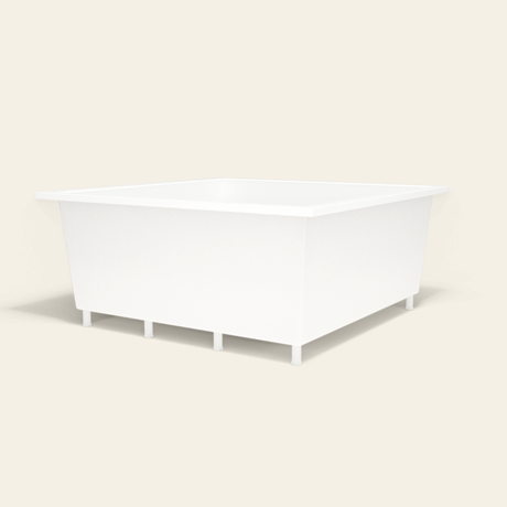 Omnitub 1600×1600 white deep soaking bath — low hero, with feet [render:8_low_hero:feet]