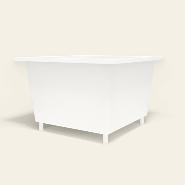 Omnitub 1050×1050 white deep soaking bath — low hero, with feet [render:8_low_hero:feet]