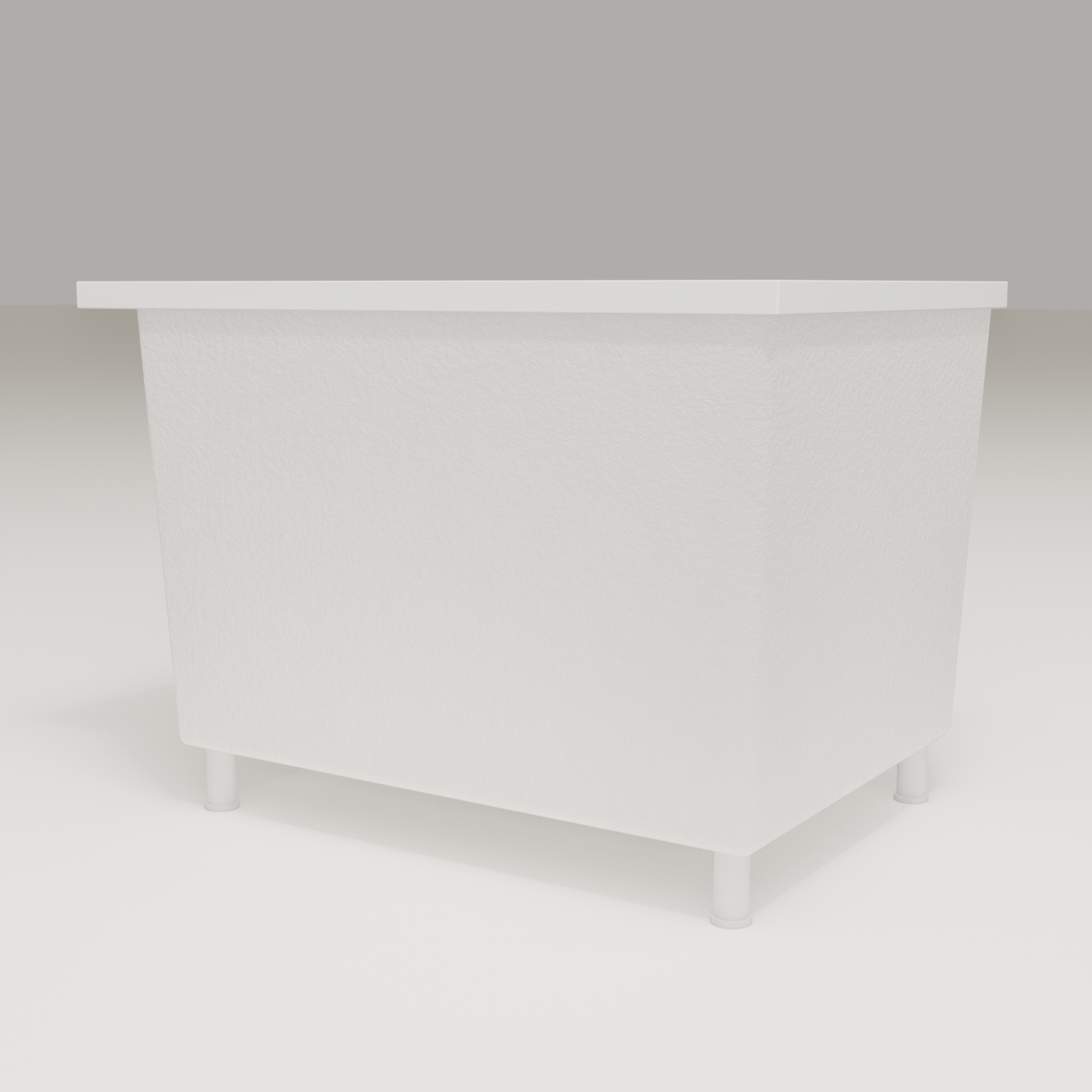 Omnitub Sheer 1000 deep soaking tub in white — 1000×700mm footprint, 600mm deep, low hero angle, shown on feet, handmade in Britain [render:8_low_hero:feet]