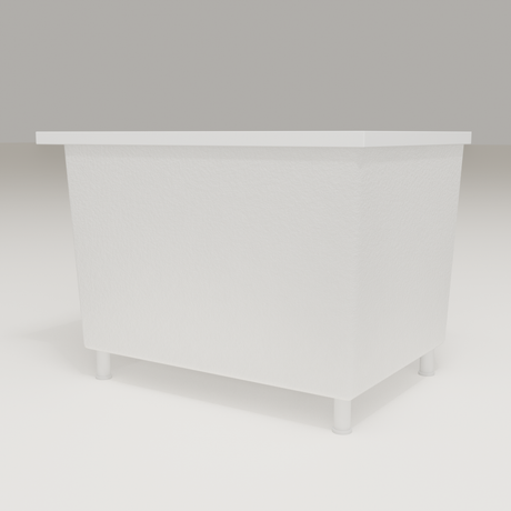 Omnitub Sheer 1000 deep soaking tub in white — 1000×700mm footprint, 600mm deep, low hero angle, shown on feet, handmade in Britain [render:8_low_hero:feet]