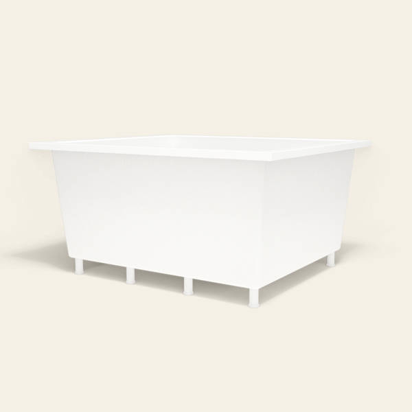 Omnitub 1400×1200 white deep soaking bath — low hero, with feet [render:8_low_hero:feet]