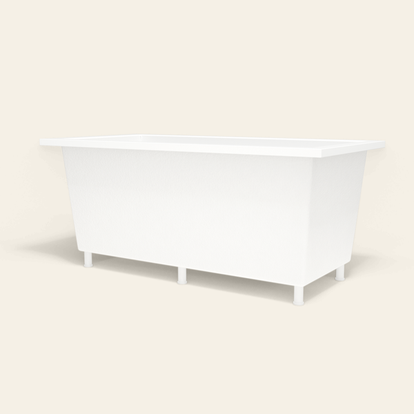 Omnitub 1600×800 white deep soaking bath — low hero, with feet [render:8_low_hero:feet]