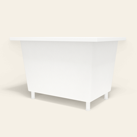 Omnitub 1050×750 white deep soaking bath — low hero, with feet [render:8_low_hero:feet]
