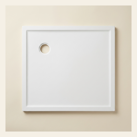900mm × 775mm Omnitub Pure White shower tray — 45mm slim non-slip Omnigel surface, BS 4800 00 E 55, handmade in Somerset